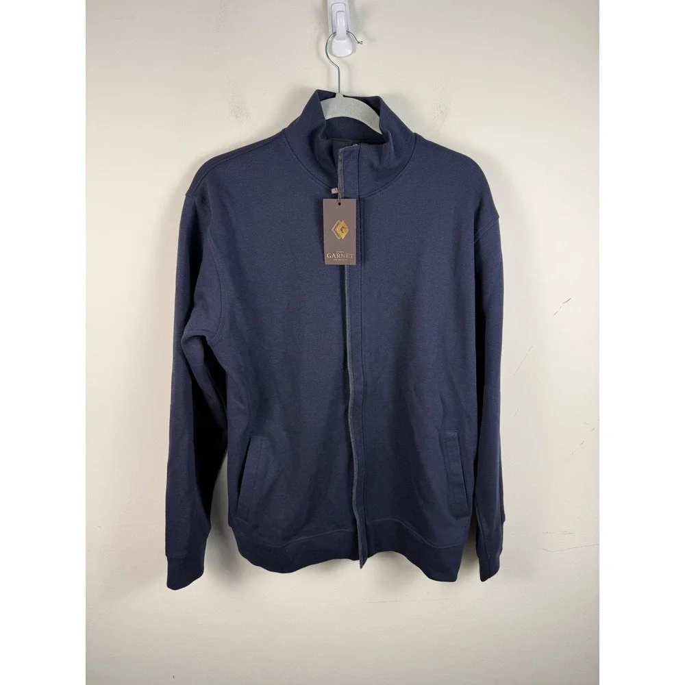 *NWT* Garnet Los Angeles Knitted Mens Navy Blue Full Zip Mock Neck‎ Jacket L